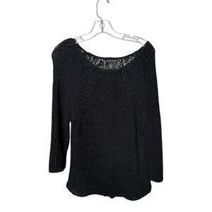 Sydney Easton Black Open Knit Crochet Sweater Size M Medium 3/4 Sleeve